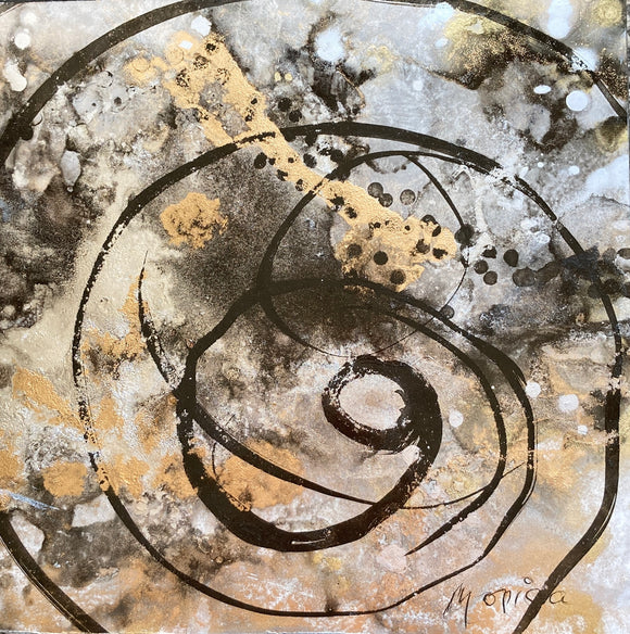Spirale de vie: Encre à alcool et encre de chine sur papier Yupo, marouflé sur panneau de bois de 8 x 8 po, réalisé par artiste du Québec, Canada.
