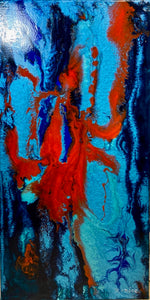 Calypso: Tableau 12 x 24" (30 x 60 cm)   Cette toile rendra votre pièce plus vive et dynamique et sera facile à assortir.  Ses couleurs dans les tons rouges et bleus ultramarines au fini lisse et brillant s'harmonisera à votre décor.  Peintures à l'huile à effets.  Ce tableau est unique et ne peut être copié et/ou reproduit puisque la peinture au effets aléatoires rend toute reproduction impossible.  Le titre Calypso évoque les danseurs jamaïcains par ce rouge éclatant en silhouettes sur fonds bleu azur.